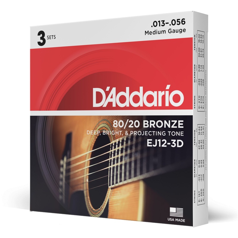 D’Addario EJ12-3D Medium 80/20 Bronze Acoustic Guitar Strings, Medium 13-56 – 3 Pack