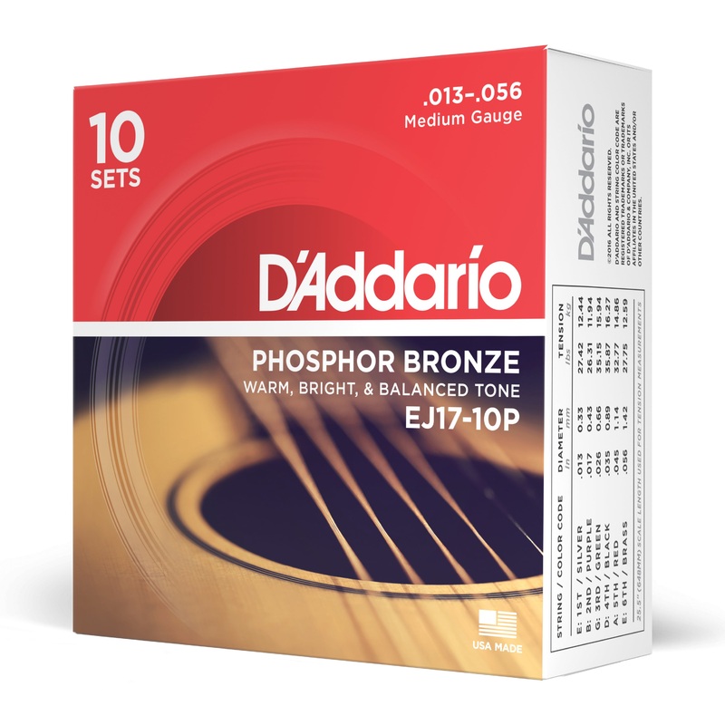 D’Addario EJ17-10P Phosphor Bronze Acoustic Guitar Strings, Medium, 13-56, 10 Se…