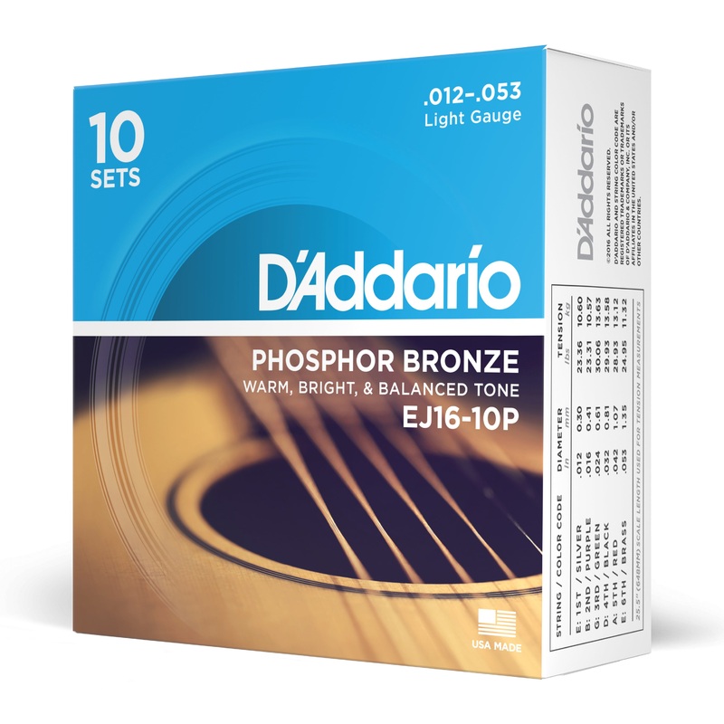 D’Addario EJ16-10P Phosphor Bronze Acoustic Guitar Strings, Light, 10 Sets