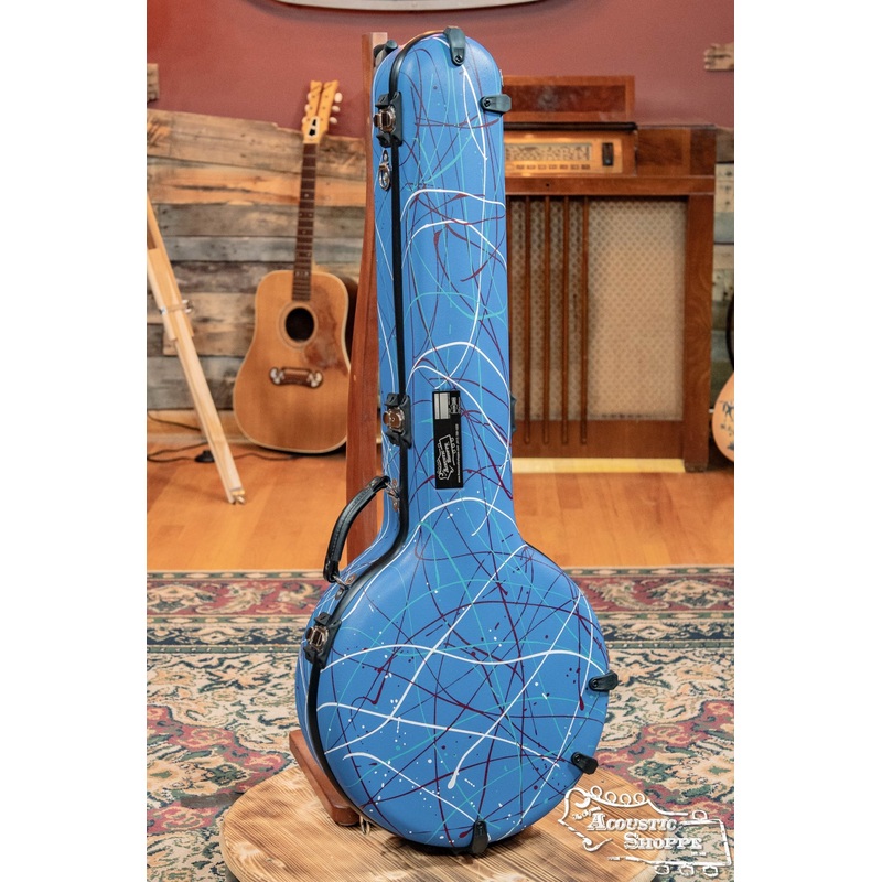 Calton 5 String Banjo Case: Blue w/ Heavy Splatter (Burgundy, Teal, White) Black Interior, w/ Backpack Straps