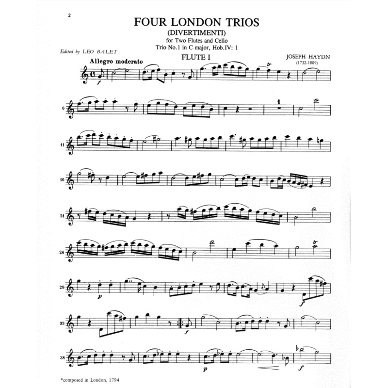 Four London Trios (Divermenti), Hob. IV: Nos. 1-4, Parts Only (2 Flutes and Cello)