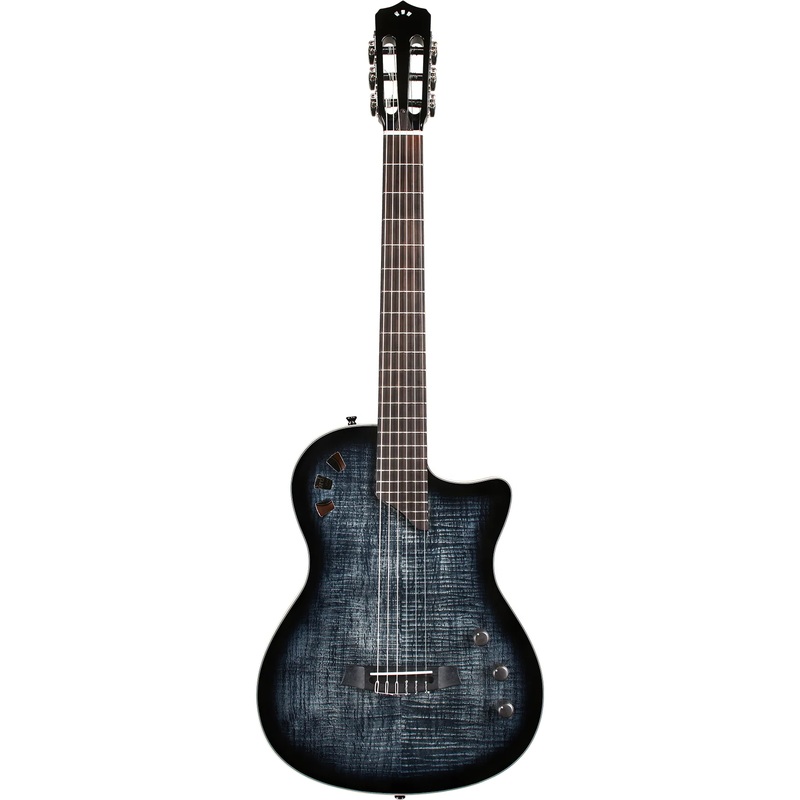 Cordoba STAGE-BLACK-BURST Fully Hollow Thin Body Classical Guitar w/ Electronics, Black Burst Flame Maple Top, Solid Mah b/s