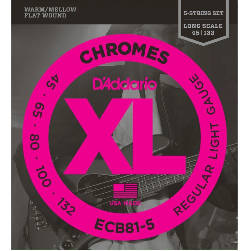 D’Addario ECB81-5 5-String Bass Guitar Strings, Light, 45-132, Long Scale Flat Wound