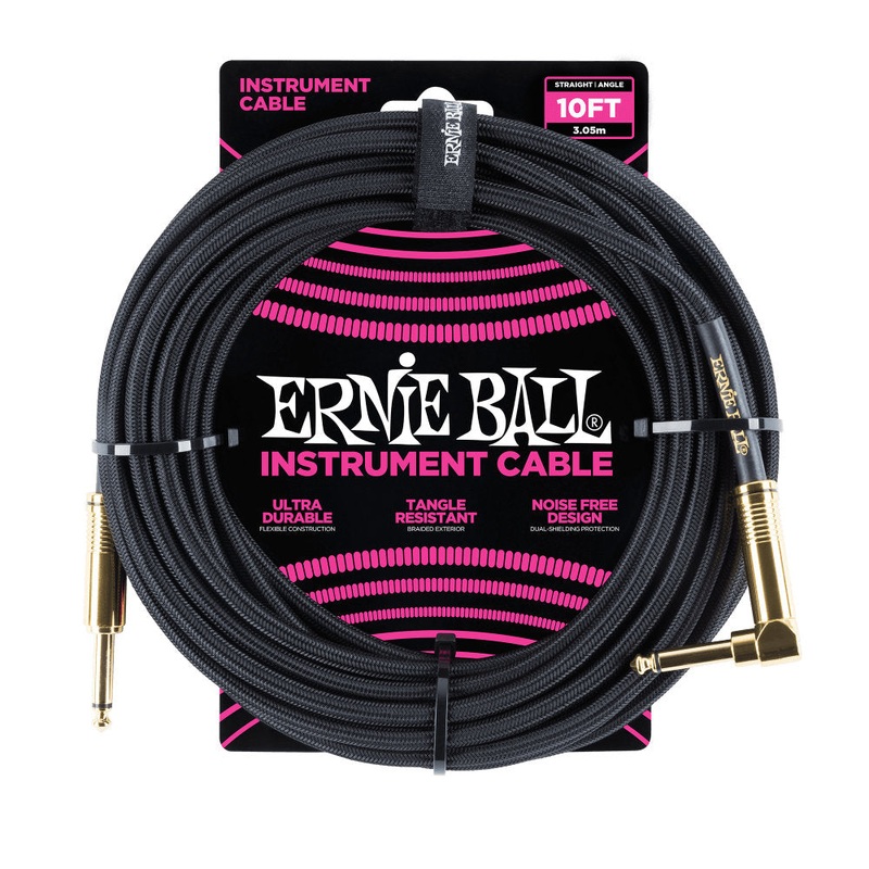 Ernie Ball Braided Instrument Cable – Straight/Angle – 10ft – Black w/Gold Connectors