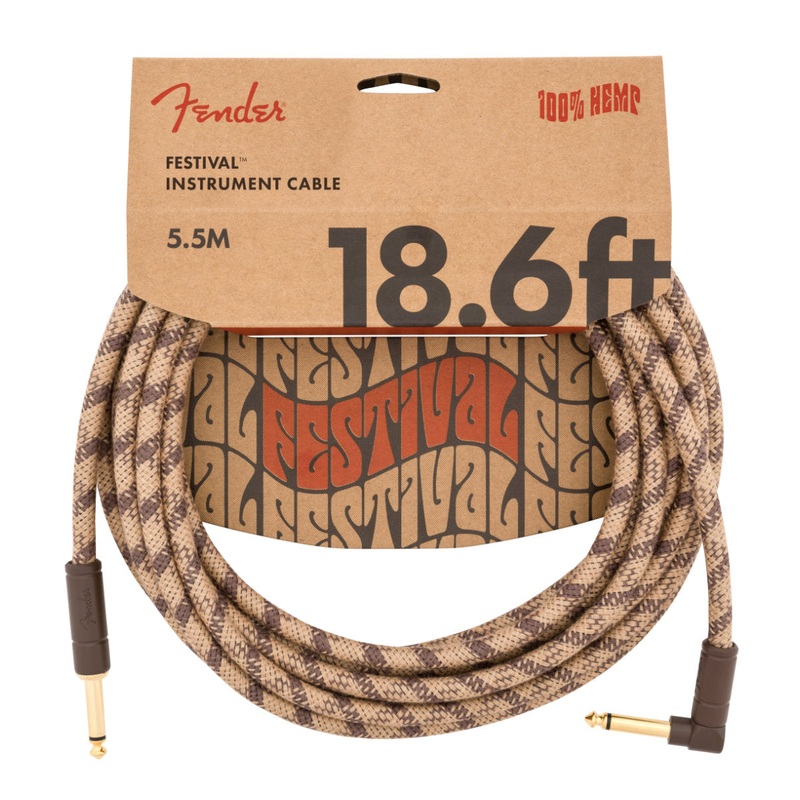 Fender Festival Hemp Instrument Cable – Straight/Angle – 18.6in – Pure Hemp – Brown Stripe