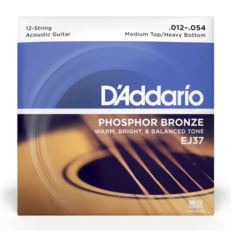 D’Addario EJ37 12-String Phosphor Bronze Acoustic Guitar Strings, Medium Top/Heavy Bottom, 12-54