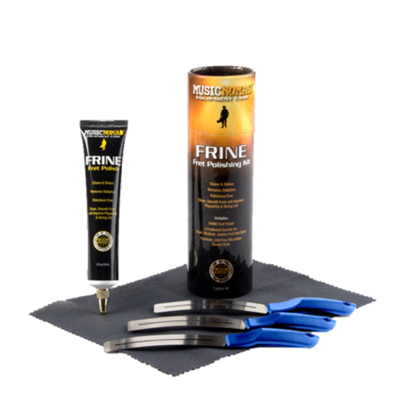 Music Nomad FRINE Fret Polishing 5 Piece Kit – FRINE Fret Polish, 3 Fretboard Guards, 8x6in Cloth
