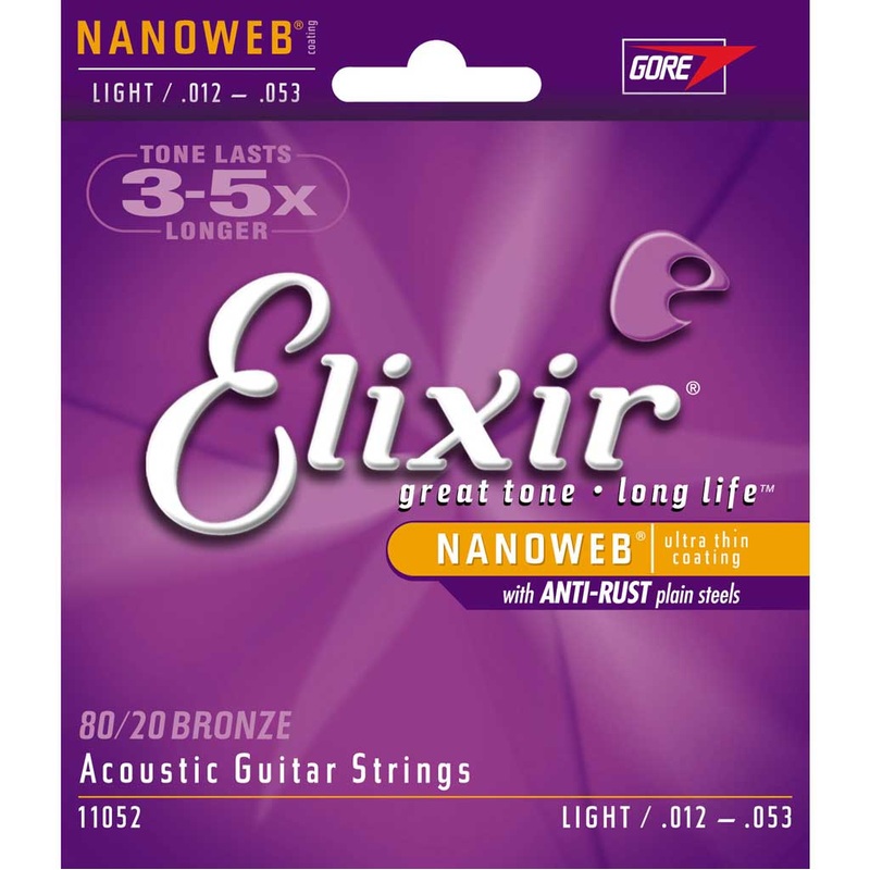 Elixir 11052 80/20 Bronze Light Acoustic Guitar Strings with Nanoweb Coating 12-53