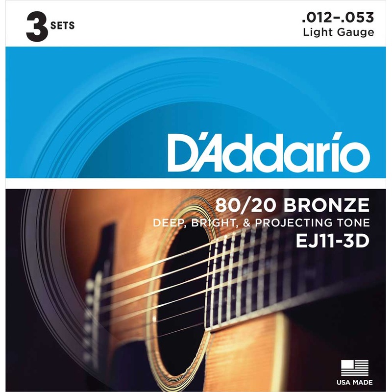 D’Addario EJ11-3D 80/20 Bronze Acoustic Guitar Strings Light 3 Sets