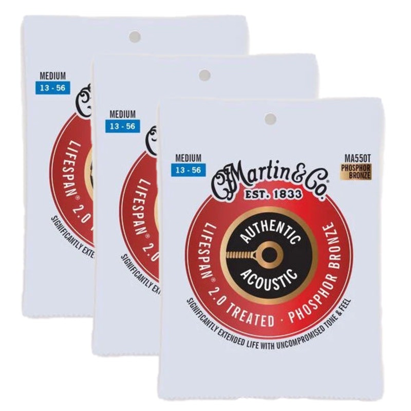 Martin MA550T Authentic Treated Acoustic Guitar String Set (3 Pack), Medium – 92/8 Phosphor Bronze
