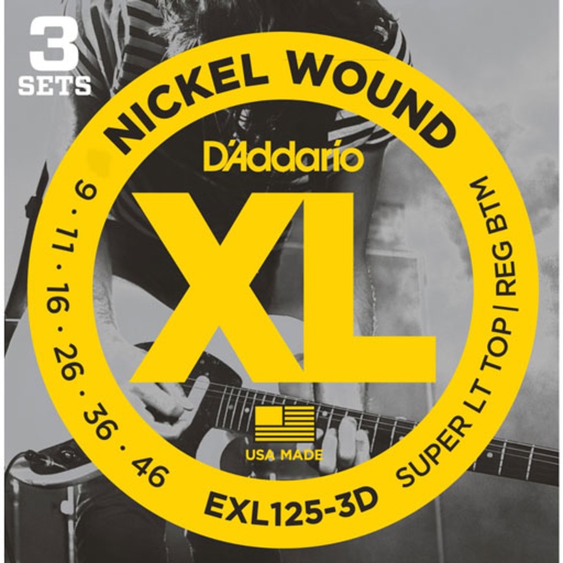 DAddario EXL125-3D Nickel Wound Electric Guitar Strings Super Light Top/Regular Bottom 9-46 3 Sets