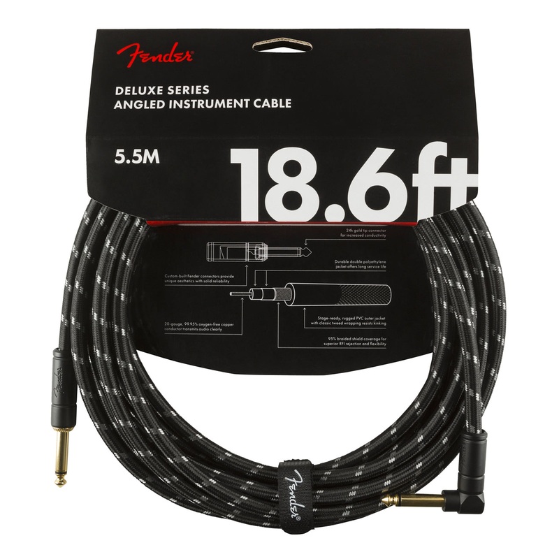 Fender Deluxe Series Straight to Angle Instrument Cable – Black Tweed – 18.6 ft.