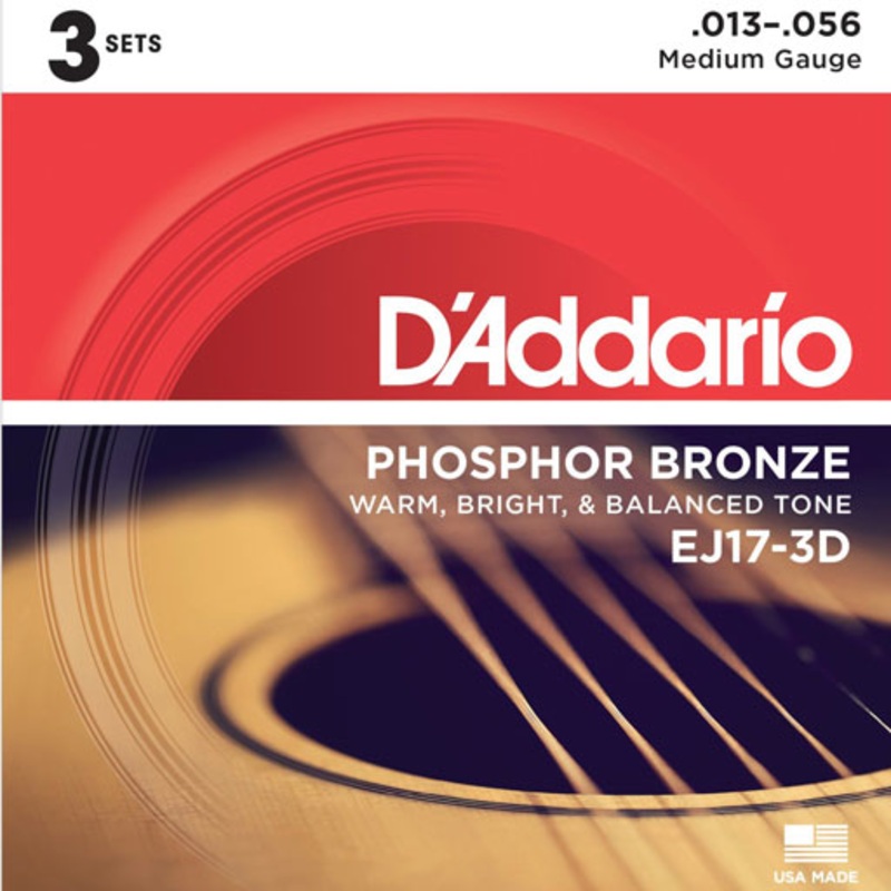 DAddario EJ17-3D Phosphor Bronze Acoustic Guitar Strings Medium 13-56 3 Sets