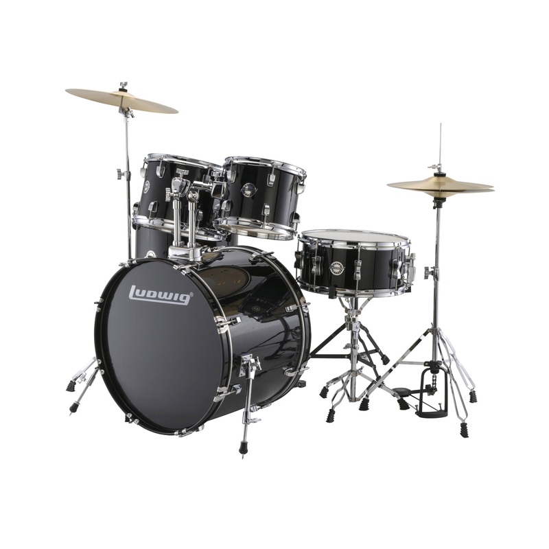 Ludwig Accent 5-Piece Fusion Acoustic Drum Set w/Hardware and Cymbals – Black Sparkle