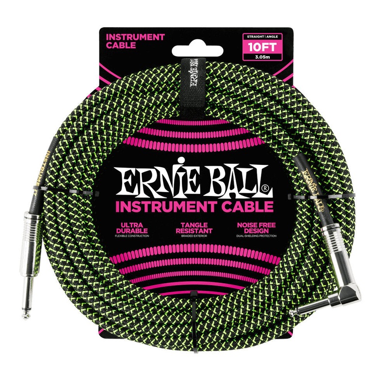 Ernie Ball Braided Instrument Cable – Straight/Angle – 10ft – Black/Green