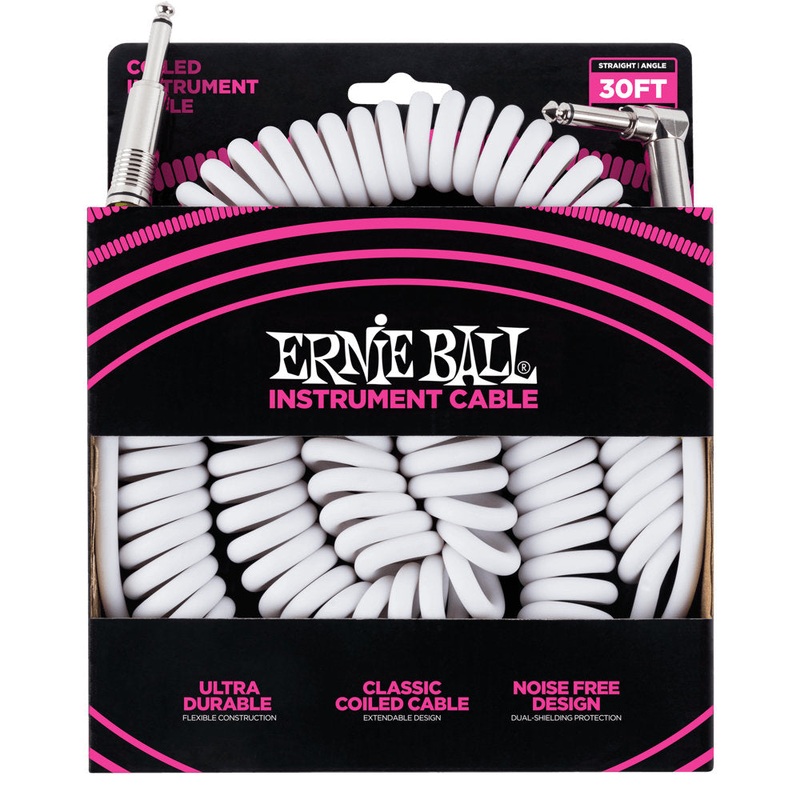 Ernie Ball Coiled Instrument Cable – Straight/Angle – 30 ft. – White