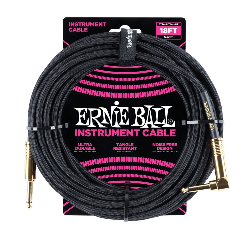 Ernie Ball P06086 Braided Instrument Cable – Straight/Angle – 18ft – Black w/ Gold Connectors